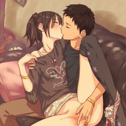 Rule 34 | 1boy, 1girl, affectionate, anus, bad id, bad pixiv id, black shirt, black thighhighs, blush, bottomless, bra strap, breast press, breasts, brown hair, casual, closed eyes, clothes writing, collarbone, couch, couple, fingering, flower, hair flower, hair ornament, hetero, highres, hug, jewelry, kiss, knee up, necklace, no panties, off shoulder, original, panties, panties around leg, pants, petite, pillow, plaid, plaid panties, plant, ponytail, potted plant, print legwear, profile, pussy, pussy juice, shirt, short hair, short ponytail, sitting, sitting on lap, sitting on person, small breasts, star (symbol), star print, thighhighs, trash can, uncensored, underwear, used tissue, wristband, yamada (gotyui)