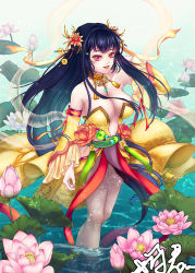 Rule 34 | 1girl, adjusting hair, bare shoulders, black hair, breasts, cleavage, detached sleeves, dress, flower, full body, hair flower, hair ornament, heterochromia, jewelry, kisn152, lily pad, looking at viewer, medium breasts, million arthur (series), necklace, outdoors, parted lips, pink eyes, red eyes, see-through, silk, smile, solo, wading, yellow dress