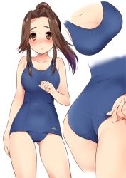 Rule 34 | 10s, 1girl, adjusting clothes, adjusting swimsuit, ass, bare shoulders, blue one-piece swimsuit, blush, breasts, brown eyes, brown hair, cleavage, close-up, collarbone, commentary, cowboy shot, gluteal fold, hand up, jintsuu (kancolle), kantai collection, long hair, looking at viewer, multiple views, one-piece swimsuit, parted bangs, parted lips, plum (arch), ponytail, school swimsuit, simple background, swimsuit, wedgie, white background