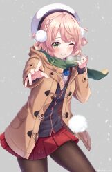 Rule 34 | 1girl, beret, black cardigan, braid, brown coat, cardigan, coat, commentary request, french braid, fringe trim, green eyes, green scarf, grey background, grin, hair rings, hand up, hat, highres, indie virtual youtuber, light brown hair, long sleeves, looking at viewer, miniskirt, one eye closed, outstretched arm, pantyhose, pleated skirt, pom pom (clothes), rariemonn, red skirt, scarf, school uniform, shigure ui (vtuber), shirt, short hair, simple background, skirt, sleeves past wrists, smile, snow, snowing, solo, twitter username, virtual youtuber, white shirt