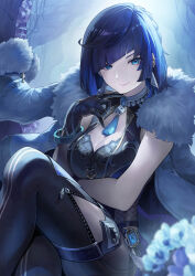 Rule 34 | 1girl, black gloves, black hair, blue eyes, bob cut, breasts, cleavage, cleavage cutout, closed mouth, clothing cutout, crossed legs, diagonal bangs, dice, dress, earrings, fur-trimmed jacket, fur trim, genshin impact, gloves, highres, jacket, jacket on shoulders, jewelry, large breasts, looking away, mole, mole on breast, neck ring, pants, short hair, sitting, smile, solo, tassel, vision (genshin impact), white jacket, yelan (genshin impact), yuiko (yuiyuiko 108)