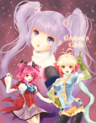 Rule 34 | 3girls, bad id, bad pixiv id, blue shirt, cheria barnes, copyright name, english text, gloves, gradient background, ja n gari koon, jako (toyprn), multicolored hair, multiple girls, no lineart, pascal (tales), pink hair, purple background, purple eyes, purple hair, purple skirt, red hair, ribbon, scarf, shirt, skirt, sophie (tales), tales of (series), tales of graces, twintails, two-tone hair, two side up, white hair