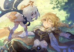 Rule 34 | 1boy, 1girl, aether (genshin impact), ahoge, arm armor, armor, arms up, artist name, baggy pants, belt, black footwear, blonde hair, blue eyes, blue scarf, blurry, boots, braid, brown belt, brown gloves, brown pants, brown shirt, cape, commentary request, constellation print, crystal hair ornament, day, earrings, flying, flying sweatdrops, fushitasu, genshin impact, gloves, gold trim, grass, grey hair, hair between eyes, hair ornament, halo, holding, holding sword, holding weapon, jewelry, long hair, long sleeves, looking at another, looking down, looking up, lying, mechanical halo, multicolored eyes, on back, one eye closed, open mouth, orange cape, outdoors, paimon (genshin impact), pants, puffy long sleeves, puffy sleeves, purple eyes, romper, scarf, shadow, shirt, short hair, short sleeves, shoulder armor, single earring, star (symbol), starry sky print, sweatdrop, sword, teeth, thigh boots, weapon, white footwear, white romper, white scarf, yellow eyes