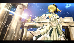 Rule 34 | 00s, 1girl, armor, armored dress, artoria pendragon (fate), bare shoulders, blonde hair, capcom, dress, fate/stay night, fate/unlimited codes, fate (series), gauntlets, green eyes, ponytail, saber (fate), saber lily, solo, sunway, sword, weapon