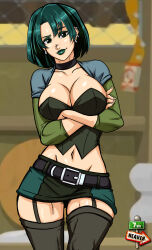 Rule 34 | 1girl, 7th-heaven, breasts, choker, cleavage, crossed arms, ear piercing, earrings, eyeshadow, female focus, goth fashion, green eyes, green hair, gwen (total drama), highres, jewelry, large breasts, lipstick, looking at viewer, makeup, matching hair/eyes, midriff, piercing, short hair, skirt, solo, thighhighs, total drama