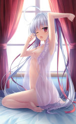 Rule 34 | 1girl, absurdres, ahoge, armpits, arms up, ass, barefoot, bed sheet, breasts, butt crack, curtains, feet, hair intakes, hair ribbon, highres, indoors, long hair, looking at viewer, maniwa shouko, natsu no iro no nostalgia, nipples, open clothes, open mouth, red eyes, ribbon, scan, see-through, sitting, small breasts, solo, toes, twintails, wariza, wince, window, yamakaze ran