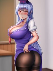 Rule 34 | 1girl, ass, blue dress, blue hair, blush, breasts, brown eyes, brown pantyhose, cleavage, collarbone, commentary request, cowboy shot, dress, eyepatch, fine fabric emphasis, from behind, furrowed brow, hair between eyes, hat, highres, kamishirasawa keine, large breasts, legs together, light blue hair, long hair, looking at viewer, looking back, mimasi osuwari, multicolored hair, neckerchief, no panties, open mouth, pantyhose, puffy short sleeves, puffy sleeves, purple dress, red neckerchief, short sleeves, sidelocks, solo, standing, thighband pantyhose, thighs, touhou, two-tone hair