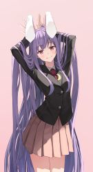 Rule 34 | 1girl, absurdres, alternate eye color, animal ears, arms up, bekkuro, black jacket, blush, breasts, buttons, closed mouth, collared jacket, collared shirt, crescent, crescent pin, grey shirt, hair between eyes, hands up, heart, heart in eye, highres, jacket, long hair, long sleeves, looking at viewer, medium breasts, necktie, pink background, pink eyes, pink skirt, purple hair, rabbit ears, red necktie, reisen udongein inaba, shirt, simple background, skirt, smile, solo, standing, symbol in eye, touhou, very long hair