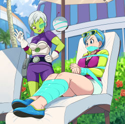 Rule 34 | 2girls, absurdres, bdsm, black bra, blue eyes, blue hair, blush, bondage, bound, bound arms, bound legs, bound wrists, bra, breasts, bulma, cheelai, cleavage, colored skin, dragon ball, dragon ball super, dragon ball super broly, gag, gagged, glasses on head, green skin, grey hair, hand on own hip, highres, improvised gag, jacket, jewelry, large breasts, legs, lost one zero, matching hair/eyes, mature female, medium breasts, multiple girls, necklace, one eye closed, open clothes, open jacket, purple eyes, scouter, shorts, sweat, tape, tape gag, thighs, underwear, white shorts, wink