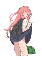 Rule 34 | 1girl, backpack, bag, black skirt, blush, clothes lift, cropped legs, food, fruit, highres, kotonoha akane, lifted by self, long hair, looking at viewer, looking back, one eye closed, panties, pink eyes, pink hair, shirt, short sleeves, sidelocks, simple background, skirt, skirt lift, smile, solo, tongue, tongue out, underwear, voiceroid, watermelon, white background, white panties, white shirt, yamamomo (plank)