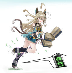 Rule 34 | 1girl, absurdres, ahoge, animal ears, blonde hair, box, bridal gauntlets, cat ears, cat tail, chain, commentary request, countdown timer, cuffs, elbow gloves, genshin impact, gloves, green eyes, hair ornament, hairclip, highres, kirara (genshin impact), long hair, midriff, multiple tails, shackles, skirt, tail, tripping, user ruvh7248