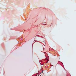 Rule 34 | 1girl, animal ears, backless dress, backless outfit, breasts, cherry blossoms, chinese commentary, detached sleeves, dress, earrings, fox ears, from side, genshin impact, halter dress, halterneck, headdress, highres, jewelry, long hair, looking at viewer, medium breasts, pink hair, profile, purple eyes, solo, tree, very long hair, white dress, yae miko, yan mu (pingjiashiburudayouxi)