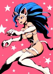 Rule 34 | 1girl, absurdres, animal ears, animal hands, ass, bare shoulders, big hair, blue eyes, blue hair, breasts, capcom, cat ears, cat tail, claws, fang, felicia (vampire), fur, highres, long hair, medium breasts, navel, open mouth, pink background, simple background, solo, star (symbol), tail, taka (8686cure), thighhighs, thighs, vampire (game)