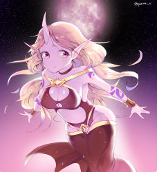 Rule 34 | 1girl, alternate costume, bad anatomy, bad id, bad pixiv id, bad proportions, bracelet, breasts, choker, cleavage, cleavage cutout, clothing cutout, colored skin, full moon, highres, horns, jewelry, league of legends, leaning forward, long hair, midriff, moon, navel, outdoors, panza, pointy ears, poorly drawn, purple eyes, purple skin, single horn, sky, smile, solo, soraka (league of legends), standing, star (sky), starry sky, tattoo, twitter username, white hair