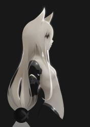 Rule 34 | 1girl, animal ears, black background, blonde hair, breasts, closed mouth, cropped torso, expressionless, from side, g41 (girls&#039; frontline), girls&#039; frontline, gyup91, long hair, low-tied long hair, mechanical arms, no nipples, nude, profile, revision, simple background, single mechanical arm, small breasts, solo, upper body, very long hair