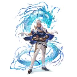 Rule 34 | 1boy, armor, black footwear, blue eyes, creature, full body, gauntlets, granblue fantasy, grin, hair ornament, jacket, jacket on shoulders, long hair, looking at viewer, male focus, minaba hideo, official art, pants, poseidon (granblue fantasy), scale armor, shoes, simple background, smile, solo, standing, steepled fingers, transparent background, two-sided fabric, two-sided jacket, white hair, white pants