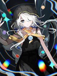 Rule 34 | 1girl, black dress, black wings, blue eyes, chinese commentary, commentary request, dress, emmm, genshin impact, hair over one eye, highres, hood, hood up, istaroth (genshin impact), long dress, short hair with long locks, solo, swept bangs, white hair, wings