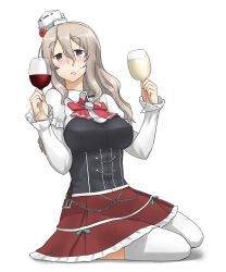 Rule 34 | 10s, 1girl, :d, absurdres, alcohol, blush, breasts, cup, curly hair, drinking glass, drunk, grey eyes, hamu koutarou, headgear, highres, holding, kantai collection, large breasts, long hair, looking at viewer, miniskirt, open mouth, pola (kancolle), silver hair, simple background, sitting, skirt, smile, solo, thighhighs, white background, white thighhighs, wine, wine glass