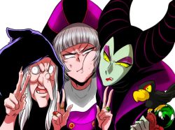 Rule 34 | 1boy, 2girls, :t, anger vein, bad id, bad pixiv id, cheek squash, claude frollo, colored sclera, colored skin, disney, evil queen, eyeshadow, girl sandwich, green skin, grey hair, hat, hood, horns, jewelry, long nose, makeup, maleficent, marimo (yousei ranbu), multiple girls, old, old woman, one man&#039;s dream ii, queen grimhilde, ring, sandwiched, selfie, sleeping beauty, snow white and the seven dwarfs, the hunchback of notre dame, v, white hair, witch, witch (snow white), yellow sclera, aged down