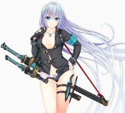 Rule 34 | 1girl, absurdly long hair, armband, black gloves, black jacket, black shorts, blue bow, blue eyes, bow, bow panties, breasts, cleavage, collarbone, ffcreatyuuki, floating hair, gloves, hair between eyes, hand on own hip, jacket, jewelry, knife, long hair, looking at viewer, medium breasts, micro shorts, necklace, open clothes, open shorts, original, panties, sheath, sheathed, short shorts, shorts, silver hair, simple background, smile, solo, standing, sword, thigh strap, underwear, very long hair, weapon, white background, white panties