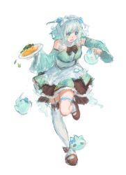 Rule 34 | 1girl, asymmetrical legwear, blue bow, blue eyes, bow, brown footwear, cereu57, commentary, detached sleeves, english commentary, food, full body, garter straps, gradient hair, green hair, hair ornament, highres, indie virtual youtuber, long sleeves, maid, mary janes, mint fantome, multicolored hair, omelet, omurice, open mouth, shoes, simple background, solo, standing, standing on one leg, thigh strap, thighhighs, two side up, virtual youtuber, white background, white hair, wide sleeves, x hair ornament