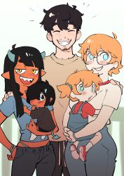 Rule 34 | 1boy, 4girls, absurdres, aged up, ahoge, beard stubble, black-framed eyewear, black hair, black shorts, blue eyes, blue horns, blue overalls, blue panties, blue pants, blue scrunchie, blue shirt, blunt bangs, blunt ends, blush, breasts, brown eyes, brown hair, brown pants, brown shirt, carrying, carrying person, chestnut mouth, closed eyes, colo (nagrolaz), commentary, dark-skinned female, dark skin, demon girl, demon horns, denim, dot nose, earrings, english commentary, face to breasts, facial hair, feet out of frame, freckles, glasses, grey pants, grin, hair between eyes, hair over one eye, hand on own hip, high-waist pants, highleg, highleg panties, highres, horns, jeans, jewelry, kyler (sweethex), long hair, looking at viewer, medium breasts, mephia, messy hair, multiple girls, mustache stubble, no pupils, one eye covered, open mouth, orange hair, outdoors, overalls, panties, pants, panty peek, panty straps, red footwear, red shirt, rita (sweethex), scrunchie, sharp teeth, shirt, short eyebrows, short hair, short ponytail, short sleeves, shorts, side ponytail, sidelocks, small breasts, smile, socks, standing, straight hair, stubble, sweatpants, sweethex, swept bangs, teeth, thick eyebrows, thumb to mouth, underwear, upper teeth only, white background, white shirt, white socks, wristlet, yellow eyes