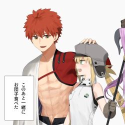 Rule 34 | 1boy, 1girl, artoria caster (fate), artoria caster (first ascension) (fate), artoria pendragon (fate), blonde hair, blush, cape, commentary request, emiya shirou, fate/grand order, fate (series), gloves, green eyes, grey headwear, hand on another&#039;s head, headpat, highres, holding, igote, limited/zero over, meme, ninjin (ne f g o), open mouth, orange hair, senji muramasa (fate), sharp teeth, simple background, smile, staff, sweatdrop, teeth, they had lots of sex afterwards (meme), toned, toned male, translation request, white background, yellow eyes