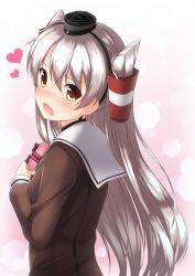 Rule 34 | 10s, 1girl, amatsukaze (kancolle), blush, brown eyes, dress, fang, from side, gift, hair between eyes, hair tubes, hands up, hat, heart, highres, holding, holding gift, kantai collection, long hair, looking at viewer, looking back, mini hat, nose blush, open mouth, sailor dress, sana (sauber0531), shirasawa kazane, silver hair, solo, two side up, upper body, valentine
