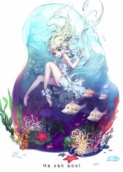 Rule 34 | + +, 1girl, air bubble, anklet, aqua eyes, artist name, barefoot, breath, bubble, caustics, dress, finger to mouth, fish, freediving, hand to own mouth, hayanpool, jewelry, long hair, looking at viewer, original, plant, solo, starfish, sundress, underwater, white hair