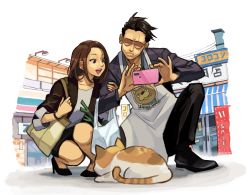 Rule 34 | 1boy, 1girl, absurdres, apron, bag, brown hair, cat, cellphone, commentary, english commentary, formal, gokushufudou, high heels, highres, holding own arm, miku (gokushufudou), open mouth, phone, rica diaz, shopping bag, smartphone, spring onion, squatting, suit, sunglasses, taking picture, tatsu (gokushufudou)