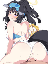 Rule 34 | 1boy, 1girl, animal ears, ass, back, black hair, blue archive, blush, breasts, censored, clothed sex, clothing aside, cowgirl position, crop top, dog ears, dog girl, dog tail, eyewear on head, from behind, girl on top, halo, hetero, hibiki (blue archive), hibiki (cheer squad) (blue archive), highres, kumasteam, long hair, looking at viewer, looking back, midriff, millennium cheerleader outfit (blue archive), mosaic censoring, panties, panties aside, penis, pussy, sex, skirt, solo focus, spread legs, straddling, tail, thighs, underwear, vaginal