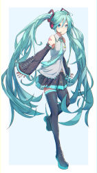 Rule 34 | 1girl, absurdres, aqua eyes, aqua hair, aqua nails, aqua necktie, bare shoulders, belt, black skirt, black sleeves, black thighhighs, boots, commentary, commentary request, detached sleeves, english commentary, full body, grey shirt, hair ornament, hatsune miku, headphones, headset, highres, leg up, long hair, looking at viewer, midriff peek, miniskirt, nail polish, necktie, nvik, pleated skirt, shirt, shoulder tattoo, skirt, sleeveless, sleeveless shirt, smile, solo, tattoo, thigh boots, thighhighs, twintails, very long hair, vocaloid, zettai ryouiki