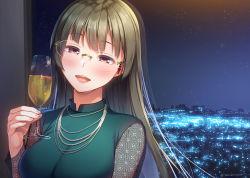 Rule 34 | 1girl, alcohol, alternate costume, black hair, blush, breasts, brown eyes, building, choukai (kancolle), city, city lights, cityscape, cup, drinking glass, glasses, holding, holding cup, imachireki, jewelry, kantai collection, large breasts, lips, long hair, long sleeves, necklace, night, open mouth, sky, solo, twitter username, upper body, window, wine glass