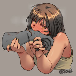 Rule 34 | 1boy, 1girl, bite mark, biting, blush, brown hair, commentary request, cropped torso, disembodied limb, ergot, green eyes, green nails, grey background, jewelry, kantai collection, nail polish, nose blush, ponytail, ring, saliva, signature, simple background, sweat, tank top, upper body, wedding ring, yellow tank top