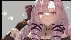 Rule 34 | 1girl, bow, chest tattoo, cilica, claw ring, dress, drill hair, gloves, hair bow, hair ribbon, highres, hyakumantenbara salome, hyakumantenbara salome (1st costume), light purple hair, looking at viewer, nijisanji, off-shoulder dress, off shoulder, parted bangs, portrait, purple eyes, purple ribbon, ribbon, solo, sparkling eyes, tattoo, virtual youtuber