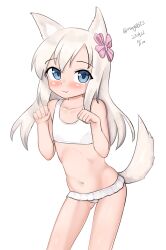 Rule 34 | 1girl, absurdres, animal ears, bikini, blonde hair, blue eyes, cat ears, cat tail, cosplay, frilled bikini, frills, hair ribbon, highres, kantai collection, leaning forward, long hair, looking at viewer, maru (marg0613), official alternate costume, one-hour drawing challenge, paw pose, ribbon, ro-500 (kancolle), ro-500 (kancolle) (cosplay), simple background, solo, standing, swimsuit, tail, u-511 (kancolle), white background, white bikini