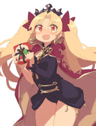 Rule 34 | 1girl, arched back, black dress, black leotard, blush, cloak, cowboy shot, dress, earrings, ereshkigal (fate), fate/grand order, fate (series), floating hair, gift, gold trim, hands up, holding, holding gift, inuchazuke, jewelry, leaning forward, leotard, long hair, looking at viewer, open mouth, parted bangs, simple background, smile, solo, tears, thighs, tohsaka rin, twintails, two side up, wavy mouth, white background