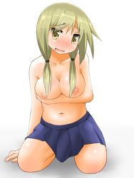 Rule 34 | 1girl, arm support, blonde hair, blue skirt, blush, breasts, collarbone, embarrassed, ichii yui, large breasts, looking at viewer, navel, nipples, pleated skirt, shadow, simple background, sitting, skirt, solo, topless, twintails, wariza, watage (lucky yyg), wavy mouth, white background, yellow eyes, yuyushiki