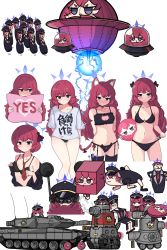 Rule 34 | 1girl, ?, absurdres, animal ear fluff, animal ears, armband, ball, bell, bikini, black bikini, black bra, black choker, black headwear, black jacket, black panties, black shirt, blue archive, blush, book, bowling pin, bra, breasts, cat cutout, cat ear panties, cat ears, cat girl, cat lingerie, cat tail, caterpillar tracks, chibi, choker, cleavage cutout, clenched teeth, closed mouth, clothes writing, clothing cutout, collarbone, cube, frilled bra, frills, grey eyes, grey shirt, halo, hat, highres, holding, holding ball, holding book, holding pillow, hrna, iroha (blue archive), jacket, jingle bell, leopard 2, lingerie, long hair, long sleeves, looking at viewer, mario (series), meme attire, metal slug, military, military hat, military vehicle, monty tank, motor vehicle, navel, neck bell, necktie, new super mario bros., nintendo, o-ring, o-ring bikini, objectification, panties, parody, parted lips, paw print, peaked cap, pillow, red hair, red necktie, shirt, short hair, side-tie panties, simple background, small breasts, standing, swimsuit, table, tail, tank, teeth, thighhighs, tom and jerry, ufo, underwear, underwear only, undressing, white background, yes, yes-no pillow, you work you lose