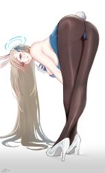 Rule 34 | 1girl, absurdres, ass, asuna (blue archive), asuna (bunny) (blue archive), bent over, black pantyhose, blue archive, breasts, from behind, hair over one eye, halo, highres, large breasts, leotard, long hair, mechanical halo, noa9noaa, official alternate costume, pantyhose, playboy bunny, solo, strapless, strapless leotard, thighband pantyhose, thighs, very long hair, white background