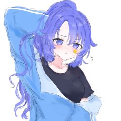 Rule 34 | 1girl, alternate costume, alternate hairstyle, arm behind head, bad id, bad twitter id, black shirt, blue archive, blue jacket, blush, breasts, embarrassed, hair between eyes, hand on own head, highres, jacket, long hair, long sleeves, looking down, medium breasts, mifu no moge, off shoulder, open clothes, open jacket, parted lips, ponytail, purple eyes, purple hair, shirt, simple background, solo, star (symbol), track jacket, upper body, white background, yuuka (blue archive), yuuka (track) (blue archive)