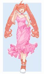 Rule 34 | 1girl, absurdres, ahoge, antenna hair, blue background, breasts, brown hair, closed eyes, commentary, dress, eiyuu densetsu, english commentary, estelle bright, frilled dress, frills, full body, hand on own hip, highres, large breasts, long hair, open mouth, shoes, simple background, smile, sneakers, solo, sora no kiseki, twintails, yuzukiyo