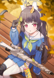 Rule 34 | 1girl, animal ears, armband, autumn leaves, blue archive, blurry, blurry foreground, blush, brown hair, fake animal ears, gloves, gun, hairband, halo, highres, knee pads, leaf, leaf on head, long hair, looking at viewer, miyu (blue archive), neckerchief, open mouth, outdoors, pleated skirt, prock, rabbit ears, red eyes, school uniform, serafuku, single knee pad, sitting, skirt, solo, sweat, thighhighs, very long hair, weapon
