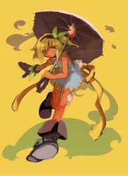 Rule 34 | 1girl, black choker, black footwear, black gloves, black hairband, blonde hair, blue eyes, boots, choker, dress, edna (tales), flat chest, flower, full body, gloves, green ribbon, hair between eyes, hair ribbon, hairband, highres, holding, holding umbrella, leaf, leg up, nichi (hibi suimin), no pupils, normin (tales), one side up, open mouth, outstretched arm, ribbon, short dress, short hair, simple background, solo, strap slip, tales of (series), tales of zestiria, teeth, umbrella, white dress, white umbrella, yellow background