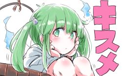 Rule 34 | 1girl, ahoge, bucket, eyebrows, green eyes, green hair, hair bobbles, hair ornament, hand on own cheek, hand on own face, hand rest, hitodama, kisume, knees, looking at viewer, matching hair/eyes, rope, simple background, solo, touhou, twintails, white background, zk (zk gundan)