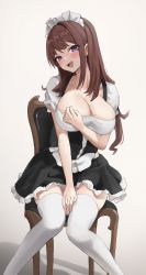 Rule 34 | 1girl, :d, absurdres, between legs, black dress, breasts, brown hair, chair, cleavage, collarbone, dress, feet out of frame, frilled dress, frills, grey background, hand between legs, hand on own chest, head tilt, highres, jag ging, large breasts, long hair, looking at viewer, maid, maid headdress, mole, mole on breast, open mouth, original, purple eyes, short sleeves, simple background, sitting, smile, solo, thighhighs, white background, white thighhighs, zettai ryouiki
