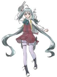 Rule 34 | 1girl, ahoge, blue neckwear, boots, cross-laced footwear, dress, full body, grey hair, grey pantyhose, hair between eyes, hair ribbon, highres, kantai collection, kiyoshimo (kancolle), lace-up boots, long hair, long sleeves, low twintails, nikai kara momoshio, one-hour drawing challenge, open mouth, pantyhose, purple dress, ribbon, rigging, shirt, simple background, solo, twintails, very long hair, white background, white shirt