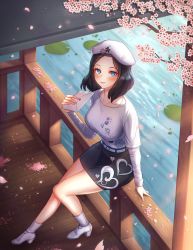Rule 34 | 1girl, belt, beret, black hair, black skirt, blue eyes, boots, braid, branch, breasts, cherry blossoms, closed mouth, collarbone, commission, falling petals, from above, full body, guard rail, hat, high heel boots, high heels, highres, holding, holding letter, large breasts, letter, long sleeves, looking at viewer, on railing, original, pencil skirt, petals, pond, print shirt, railing, raoul (raoul77), shirt, short hair, sitting, skirt, smile, solo, undershirt, water, white footwear, white hat, white shirt, wooden railing