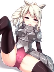 Rule 34 | 10s, 1girl, animal ears, armor, black thighhighs, blush, breastplate, brown eyes, cameltoe, dutch angle, embarrassed, faulds, kemono friends, long hair, looking at viewer, open mouth, panties, pantyshot, pauldrons, pink panties, ponytail, shadow, shoulder armor, simple background, sitting, solo, spread legs, thighhighs, underwear, usume shirou, white background, white hair, white rhinoceros (kemono friends)