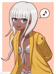 Rule 34 | 1girl, :d, arms behind back, bikini, blunt bangs, border, breasts, brown background, collarbone, danganronpa (series), danganronpa v3: killing harmony, dark-skinned female, dark skin, frilled bikini, frills, green eyes, highres, jacket, jewelry, long hair, looking at viewer, musical note, navel, navel piercing, necklace, open clothes, open jacket, open mouth, piercing, shell, shell necklace, skirt, small breasts, smile, solo, speech bubble, suiren yurei, swimsuit, teeth, upper body, upper teeth only, white border, white hair, yellow jacket, yonaga angie